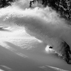 Ein Männ fährt im verschneiten Wald einen Treerun mit einem Jones Snowboard