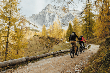 Ein Paar fährt auf Mountainbikes einen Trail in herbstlicher Berglandschaft