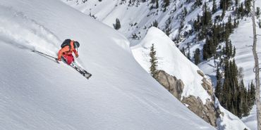 Eine Skifahrerin fährt mit Scott Ski im tiefen Pulverschnee einen steilen Berg hinab