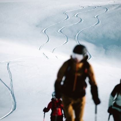 Eine Gruppe von Tourengehern gehen mit den Tourenski den Berg hinauf. Im Hintergrund sind Spuren im Tiefschnee